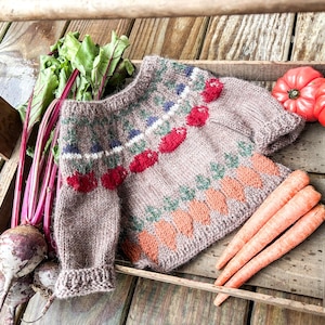 Veggie Garden Sweater Knitting Pattern | Baby Colorwork Sweater Pattern | Top Down DK Sweater |