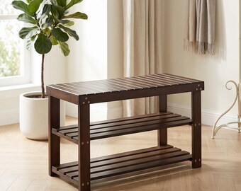 Black Bamboo Shoe Rack Bench, 3-Tier Entryway Storage Shelf, Modern Organizer