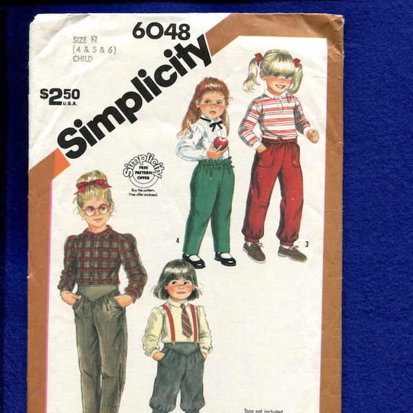 1980's Simplicity 6048 Retro Fashion Pants for Little Girls Taille 4..5..6 non-coupe