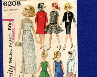 Vintage 1960's Simplicity 6208 Retro Barbie Doll Clothes Pattern Size 11 inch Doll