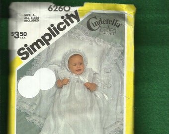 1980's Simplicity 6260 Ruffled Lace Trimmed Christening Gown Bonnet Pillow Blanket Sizes Newborn 6 & 12 months