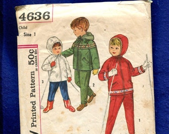 1960's Simplicity 4636 Veste à capuche d'hiver pour petit enfant - Modèle de pantalon de ski Taille 1