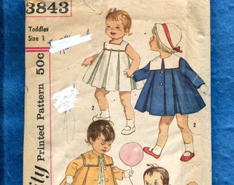 1960's Simplicity 3843 Retro Classic Little Girl Dresses & Coat Pattern Size 1 Kids