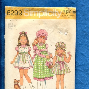 1970&#39;s Simplicity 6299 Holly Hobbie Little Girl Country Dress & Bonnet Pattern Size 5 Kids