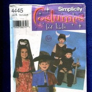 May include: Simplicity costume pattern for kids, featuring four children in various costumes. The costumes include a matador, a Viking, and a medieval-style outfit. The pattern is size A, for sizes 1/2, 1, 2, 3, and 4.