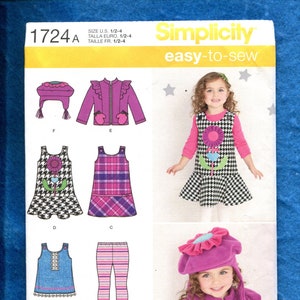 May include: Simplicity sewing pattern 1724A for easy-to-sew children's clothing. The pattern includes instructions for a dress, leggings, a jacket, and a hat. The pattern is for sizes 1/2-4.