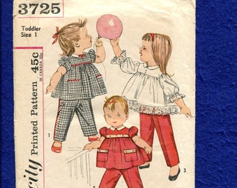 1960's Simplicity 3725 Retro Little Girl Puff Sleeve Tops & Snap Leg Pants Pattern Size 1