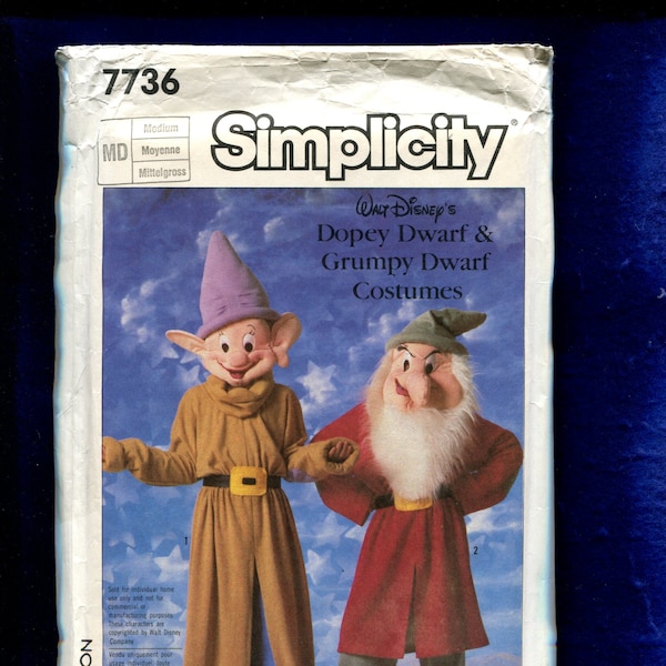 Vintage 1980's Simplicidad 7736 Dopey & Grumpy Enano Trajes Patrón Tamaño ADULTO Medio UNCUT