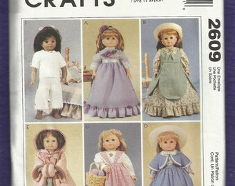 McCalls 2609 Victorian Era Doll Clothes Dresses Pinafores Hooded Coat and Undergarments Size 18 inch doll UNCUT