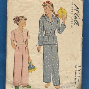 1942  McCalls 5021 Girls Pajamas with Notched Collar Long or Short Sleeves & Belt  Pleated Bottoms with Waistband  Size 6 Girls