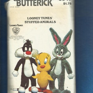 1970's Butterick 6347 Looney Tunes Stuffed Animals Bugs Bunny Sylvester the Cat & Tweety Bird Partially Cut