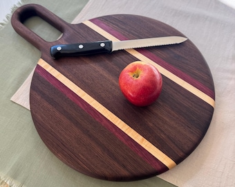 Handmade Round Cheese Board | Edge-Grain Butcherblock Charcuterie or Fruit Board | Walnut, Maple & Purpleheart | Made in USA | Free Shipping