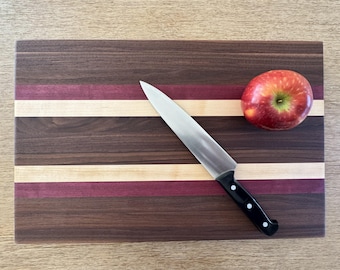 Handmade Cutting Board | Edge-Grain Butcherblock Charcuterie | Walnut, Maple & Purpleheart | One-of-a-Kind | Made in USA | Free Shipping