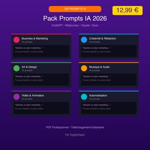 Könnte beinhalten: Ein digitales Produktpaket mit dem Titel "Pack Prompts IA 2026" mit 150 KI-Prompts. Das Design zeigt sechs Abschnitte mit Prompts für Business & Marketing, Art & Design, Video & Animation, Kreativität & Redaktion, Musik & Audio und Automatisierung. Der Preis beträgt 12,99€.