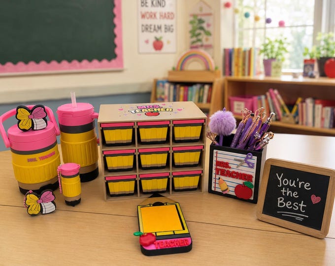 Featured listing image: Teacher Desk Set, Pen Holder, Pencil, Can Opener, Straw Topper, Lip Balm,Mini Tote Organizer