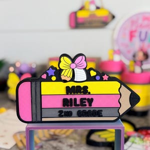 Pencil Teacher Desk Set: Pen Holder, Organizer, Name Sign, Heart Shaped Phone Stand, Fun Decor Pencil Desk Sign