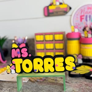 Pencil Teacher Desk Set: Pen Holder, Organizer, Name Sign, Heart Shaped Phone Stand, Fun Decor Name plate