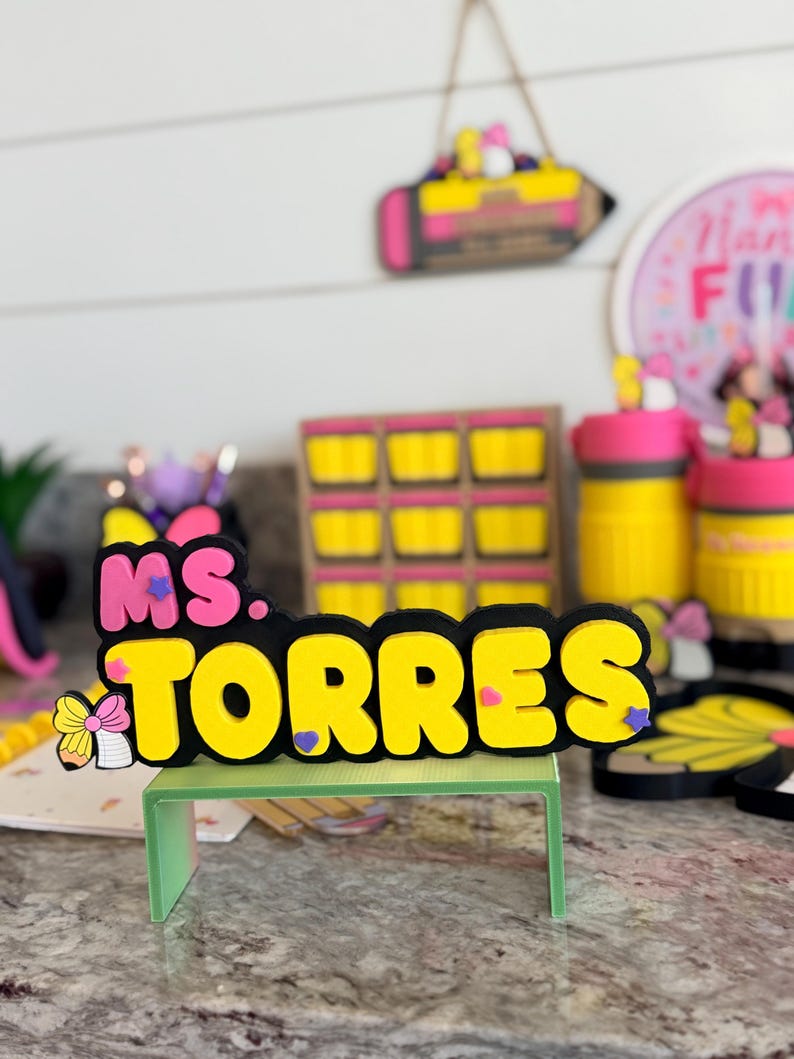 Pencil Teacher Desk Set: Pen Holder, Organizer, Name Sign, Heart Shaped Phone Stand, Fun Decor Name plate