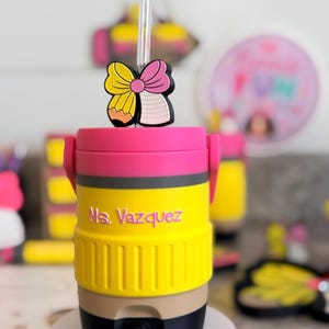 Pencil Teacher Desk Set: Pen Holder, Organizer, Name Sign, Heart Shaped Phone Stand, Fun Decor Can Holder Reg