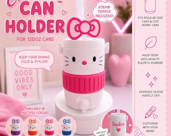 Hello Kitty-inspirerad Koozie-burkhållare med sugrörstoppning, 355 ml vanlig och smal | Burkhållare med personligt namn | Kawaii skrivbordstillbehör, Gamer