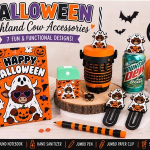 May include: A collection of Halloween-themed Highland cow accessories including a disc-bound notebook, a hand sanitizer holder, a jumbo pen, two jumbo paper clips, and a straw topper, all featuring a cartoon cow in a ghost costume with a pumpkin.