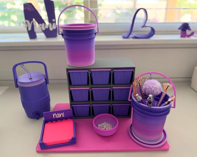 Featured listing image: 3D Printed Desk Organizer Set | Purple Pink Ombre Office Decor, Mini Totes