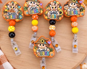 Fall & Thanksgiving Badge Reels | Cute Turkey, Scarecrow and Autumn Retractable Reels