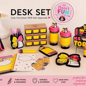 Pencil Teacher Desk Set: Pen Holder, Organizer, Name Sign, Heart Shaped Phone Stand, Fun Decor