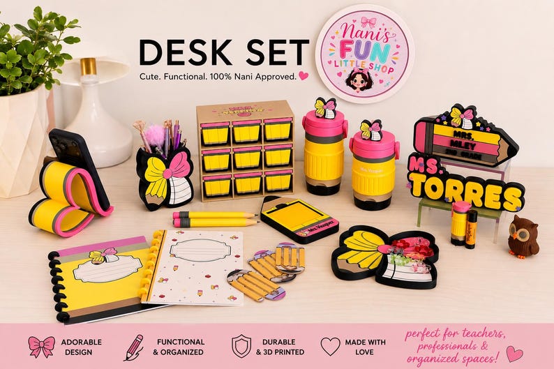 Pencil Teacher Desk Set: Pen Holder, Organizer, Name Sign, Heart Shaped Phone Stand, Fun Decor image 1