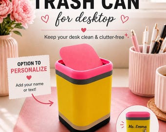 May include: A small, rectangular desktop trash can designed to resemble a yellow pencil with a pink eraser lid, a grey band, and a black base. The text on the image reads MINI TRASH CAN for desktop, Keep your desk clean & clutter-free, OPTION TO PERSONALIZE, Add your name or text!, COMPACT, DURABLE, STYLISH, and OPTION TO PERSONALIZE.