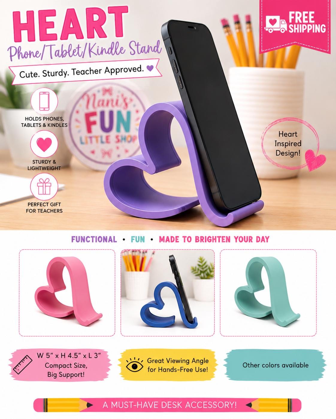 Heart-Shaped Phone Stand - 3D Printed Desk Accessory (Multiple Colors) Kindle and Tablet Holder