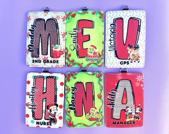 Personalized Christmas Badge Holder with Lanyard, Custom Nurse ID Badge, Holiday Teacher Gift, Christmas Work Badge Holder