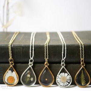 Gold tear drop necklace, flower terrarium necklace