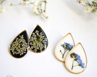 Stud flower earrings, teardrop statement stud earrings, queen anne's lace earrings