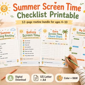 May include: A printable summer screen time checklist bundle for ages 4-10. The bundle includes a morning routine, before screen time checklist, chore chart, and daily summer plan. The design features colorful illustrations and the text "Summer Screen Time Checklist Printable".