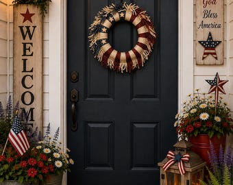 Handmade Farmhouse Patriotic Wreath, Red White Blue Yarn Stars, Americana Decor