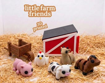 May include: A collection of 3D-printed farm animal figurines, including a pig, cow, chicken, goat, and horse, along with a miniature wooden cart and a red barn. The text "little farm friends" and "3D printed" are displayed.
