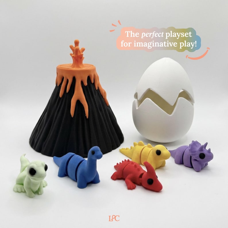 May include: A dinosaur-themed playset featuring a black volcano with orange accents, a white egg, and colorful dinosaur figures in green, blue, yellow, red, and purple. Text reads: "The perfect playset for imaginative play!"