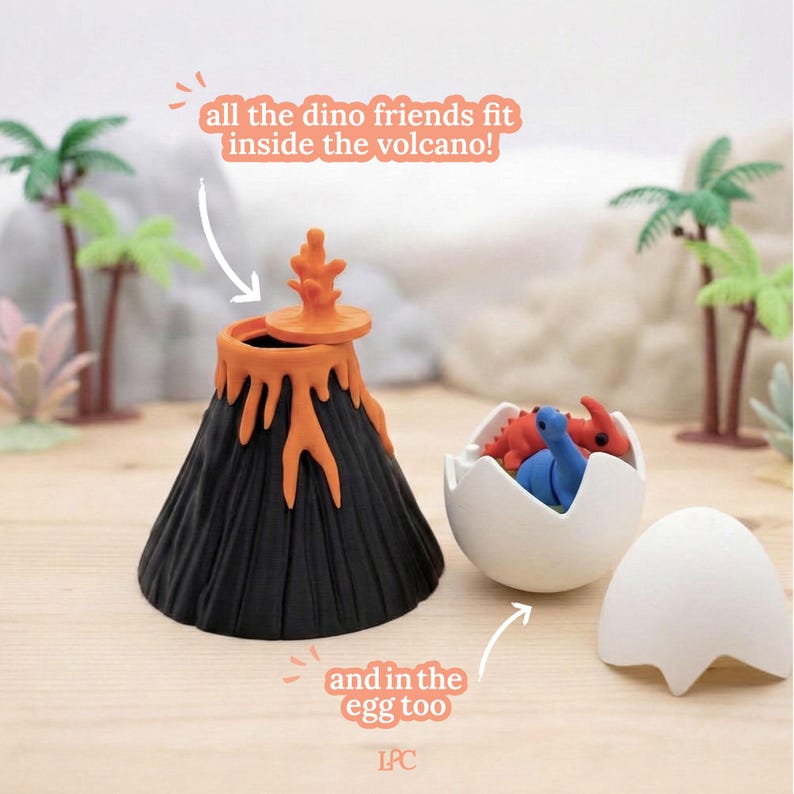 May include: A black volcano toy with orange lava details and a removable lid. The text "all the dino friends fit inside the volcano!" and "and in the egg too" are visible. A white eggshell holds small dinosaur toys.