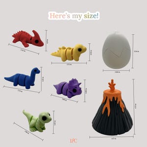 May include: A collection of colorful dinosaur toys, including a red Parasaurolophus, a yellow Stegosaurus, a blue Brachiosaurus, a purple Triceratops, and a green baby dinosaur. Also included is a white egg and a volcano. The text "Here's my size!" is visible.