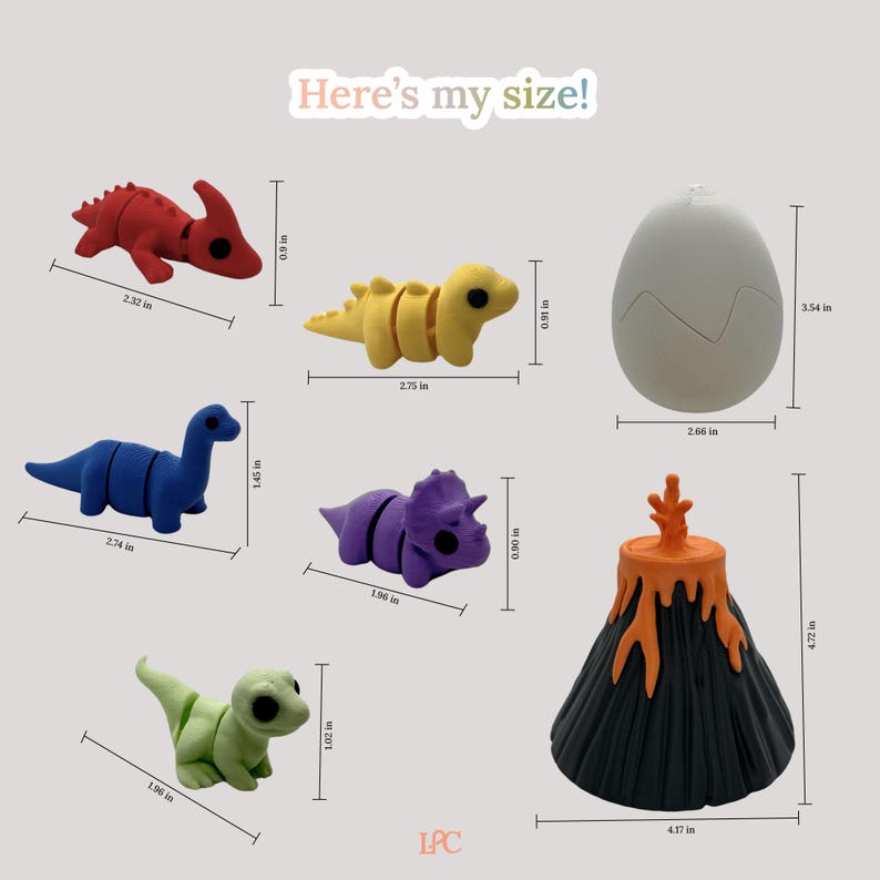 May include: A collection of colorful dinosaur toys, including a red Parasaurolophus, a yellow Stegosaurus, a blue Brachiosaurus, a purple Triceratops, and a green baby dinosaur. Also included is a white egg and a volcano. The text "Here's my size!" is visible.