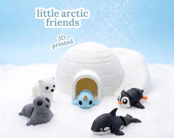3D Printed Arctic Animals Igloo Playset Montessori Travel Playset Sensory Toy Seal Penguin Orca Polar Bear Narwhal Imaginative Play