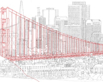 11 X 17 Line Drawing of San Francisco Skyline with Golden Gate Bridge