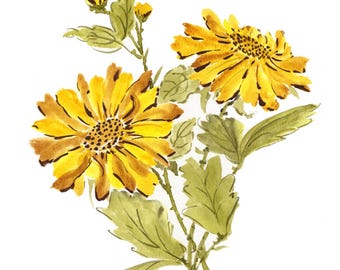Golden Harvest Chrysanthemum Painting, Original Chinese Brush Watercolor Art (Digital Download)