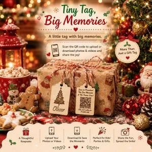 May include: A rectangular gift box wrapped in brown paper with a Christmas pattern, tied with red and white twine. Two wooden tags are attached: one features a laser-engraved Christmas tree and the name Oliver, the other displays a QR code.