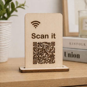 Cartello con codice QR WiFi, scanner Airbnb, targa WiFi per ufficio, cartello in legno con codice QR WiFi, espositore da tavolo di rete personalizzato ecologico, dimensioni ridotte