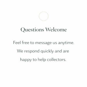 May include: White background with the text "Questions Welcome" in a dark green font. Below, the text reads, "Feel free to message us anytime. We respond quickly and are happy to help collectors."