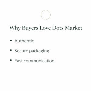 Puede incluir: Fondo blanco con el texto "Why Buyers Love Dots Market". Debajo, tres vi&ntilde;etas: "Aut&eacute;ntico", "Embalaje seguro" y "Comunicaci&oacute;n r&aacute;pida". Un c&iacute;rculo punteado en la parte superior.