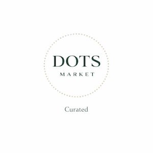 May include: A white background with the text "DOTS MARKET" in a dark green color, encircled by a dotted line. Below the text is the word "Curated" in a smaller font.