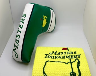 Juego de funda para putter Masters Blade Green + toallas de golf estilo Augusta amarillas